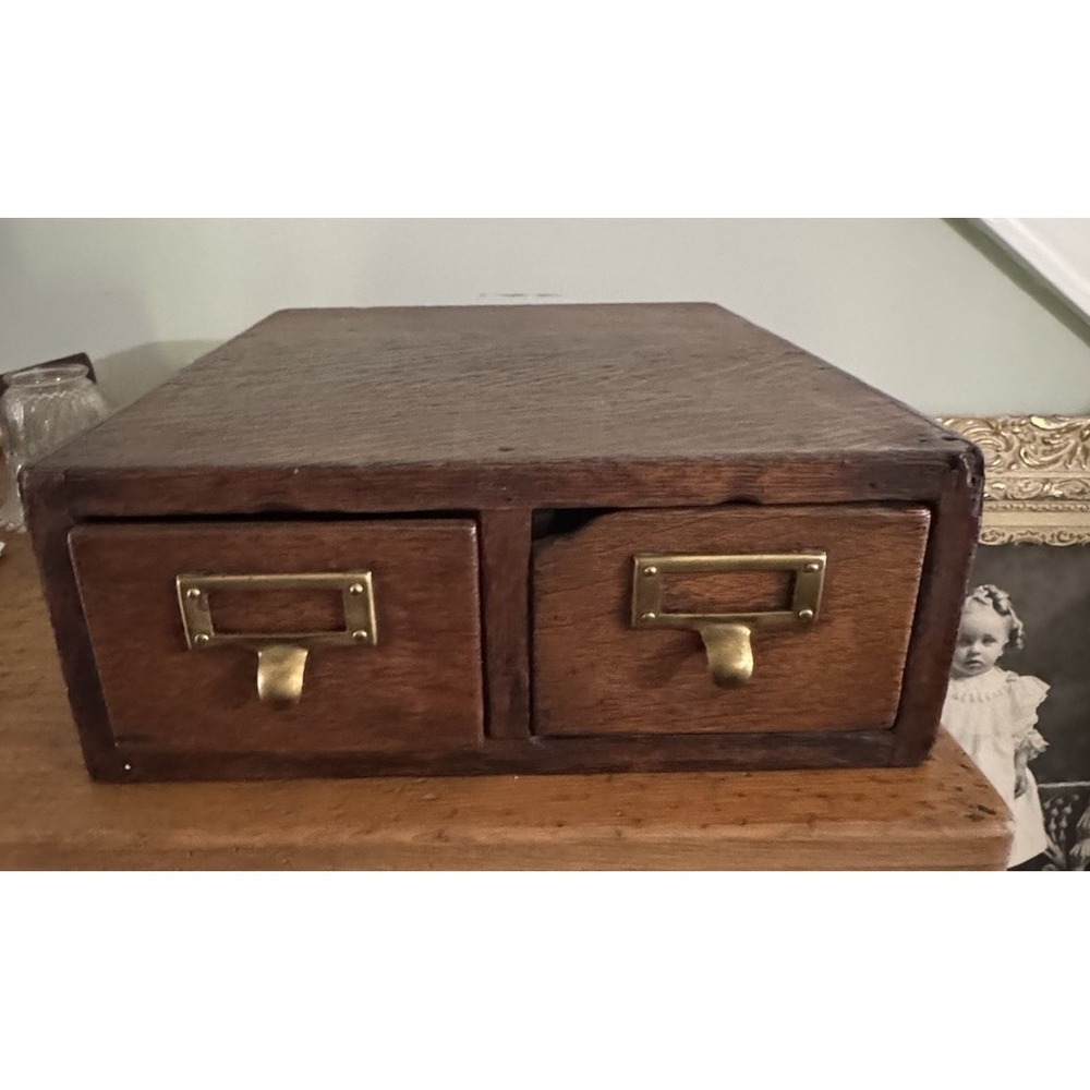 Antique Remington Rand Card Catalog 2 Drawer Library File Box Dovetail Oak